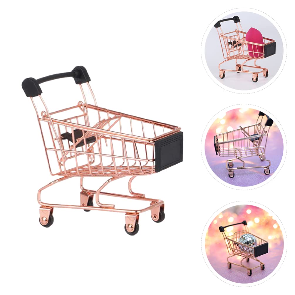 BESTOYARD Mini Shopping Cart - Metal Beauty Makeup Sponge Holder & Tiny Grocery Handcart - Cute Supermarket Toy for Kids Room Storage & Bathroom Organization