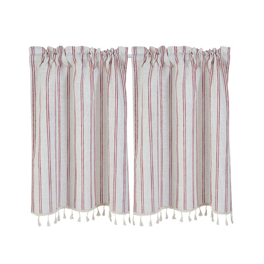 WAZZIO Farmhouse Linen Kitchen Curtains 36 Inch Length - Light Red Striped Beige Window Curtains with Rod Pocket, 27”W x 36”L (1 Pair) - Perfect for Bathroom, Cafe & Farmhouse Style Windows