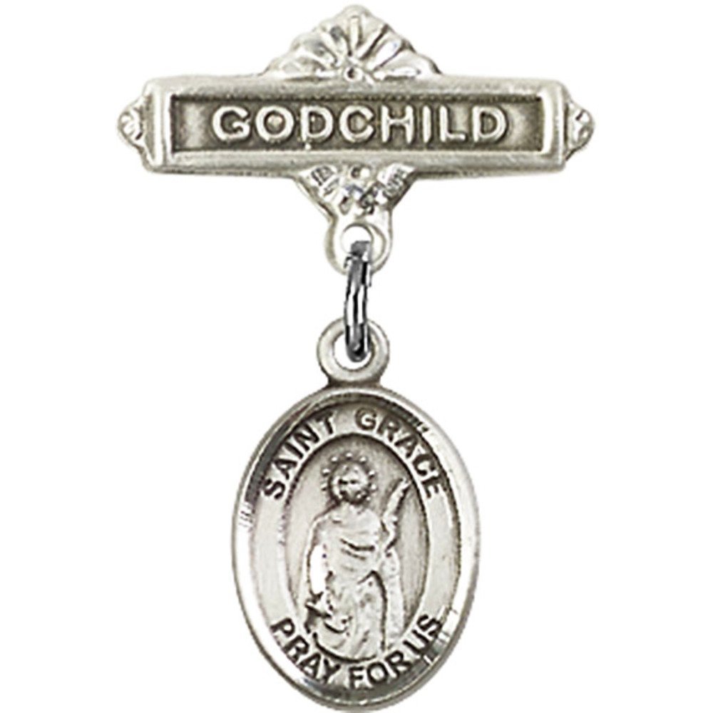 1 X 5/8 Inch Sterling Silver Baby Badge with St. Grace Charm - Godchild Gift Pin for Christening, Baptism & Special Occasions