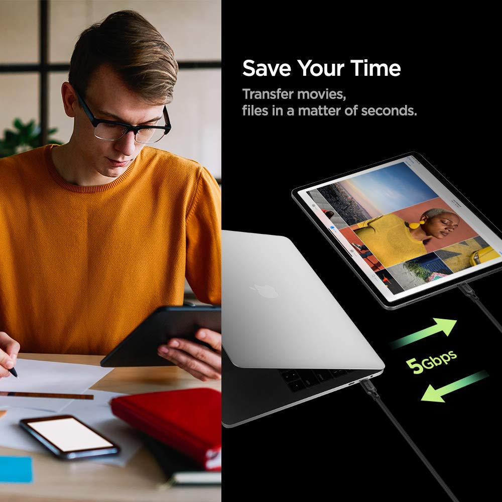 Spigen DuraSync USB C to C 3.2 Gen 1 Cable - 100W Fast Charging & 5Gbps Data Transfer - E-Mark Certified 1M Braided USB-C Cable for MacBook, iPad, Galaxy, Huawei, Pixel - Perfect for Home, Office & Travel Charging