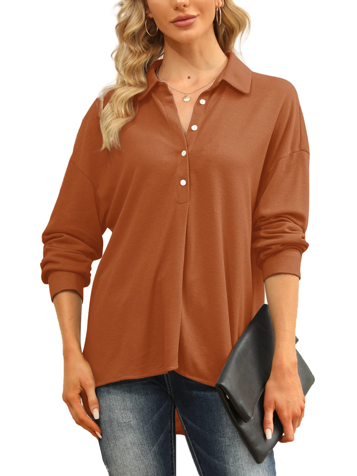 Jeanewpole1 Women's Long Sleeve Waffle Knit Button Down Shirt - Casual Collared Blouse for Office, Date Night & Fall Layering