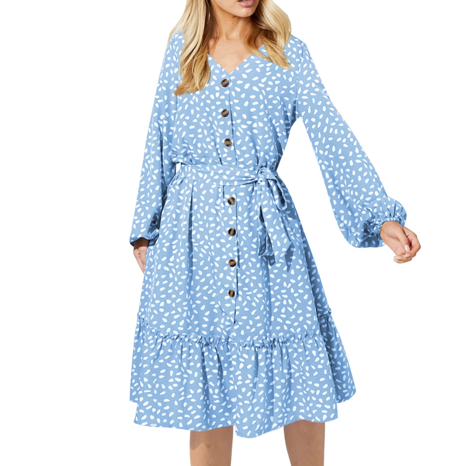 Littleice Women's Sexy V-Neck Lace-Up Long Sleeve Blouse Dress with Dot Print - Elegant Party Wear, Date Night Outfit & Office Attire