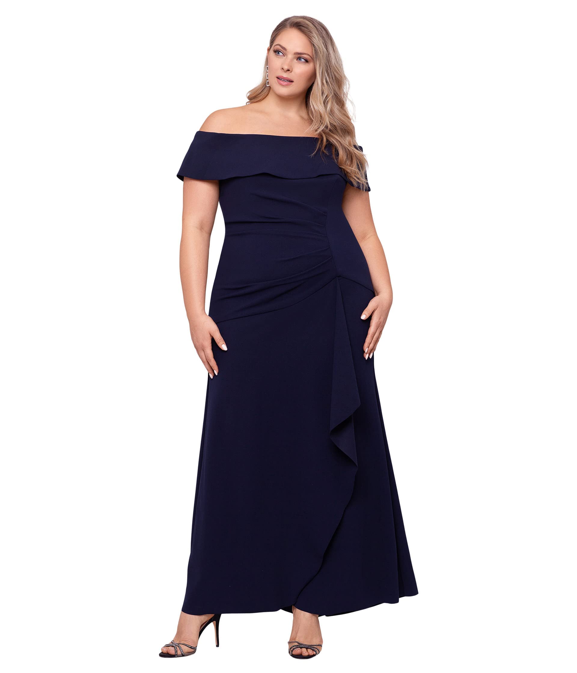 Xscape Plus Size Long Scuba Crepe Off-The-Shoulder Dress for Women | Elegant Evening Gown for Weddings, Parties & Special Occasions