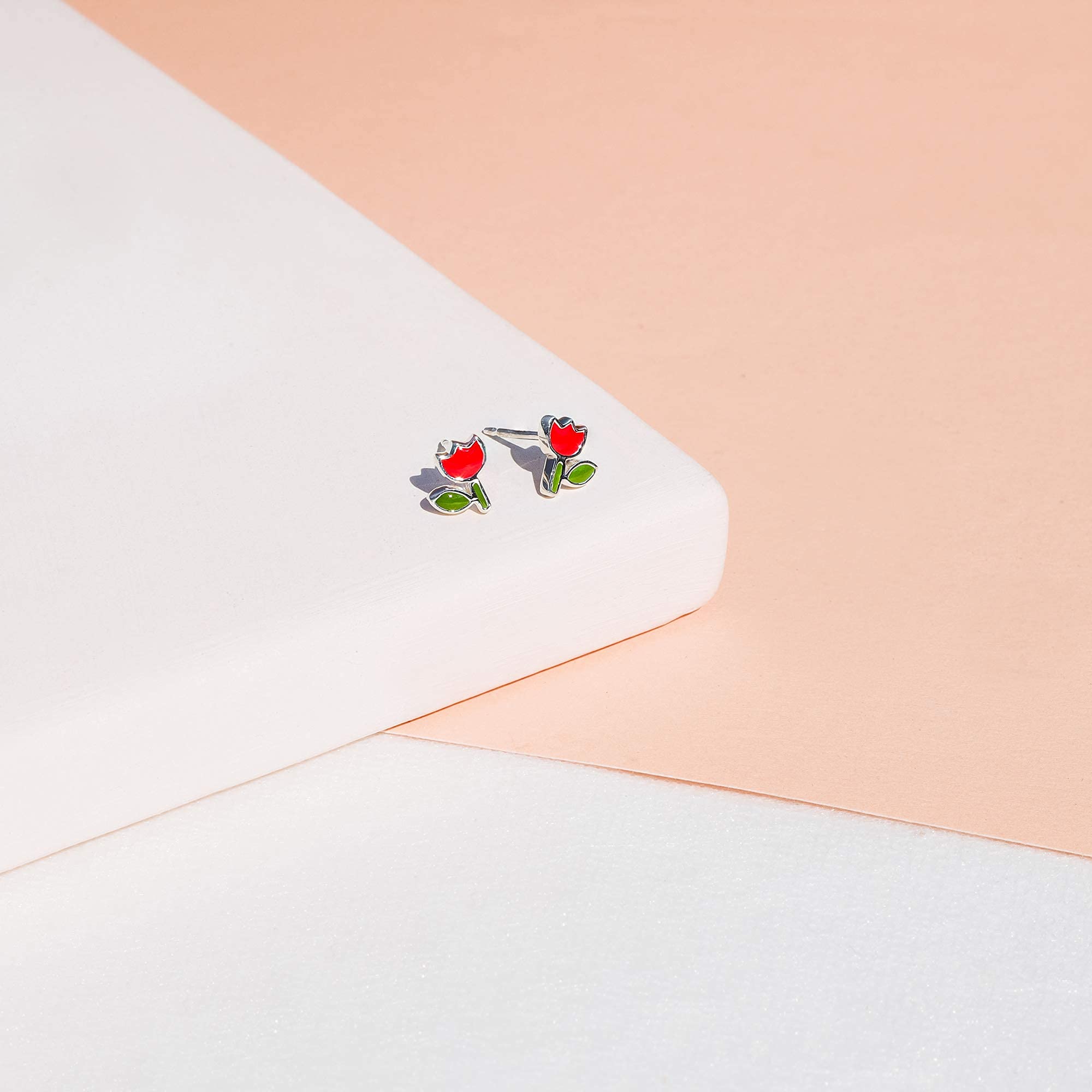 Boma Jewelry Sterling Silver Red & Green Resin Flower Stud Earrings for Women - Handmade Floral Dangle Earrings for Christmas, Party & Everyday Wear