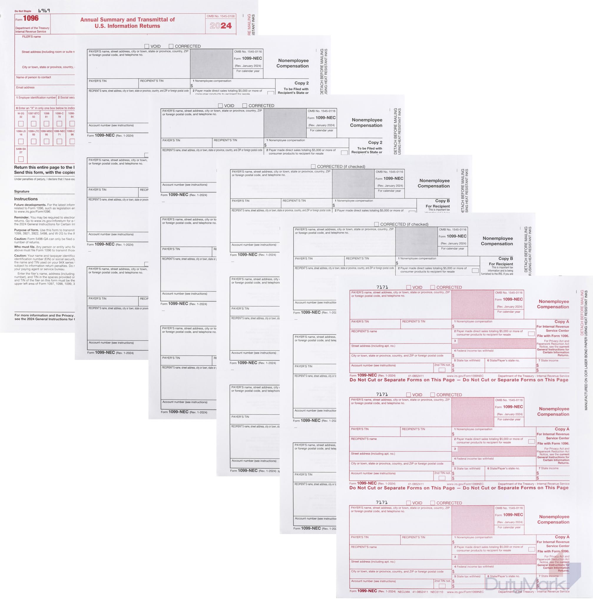 2024 1099 NEC Tax Forms - 100 Pack 3-Part Carbonless Tax Forms Kit | QuickBooks & Accounting Software Compatible | Perfect for Small Business Tax Filing & Contractor Payments