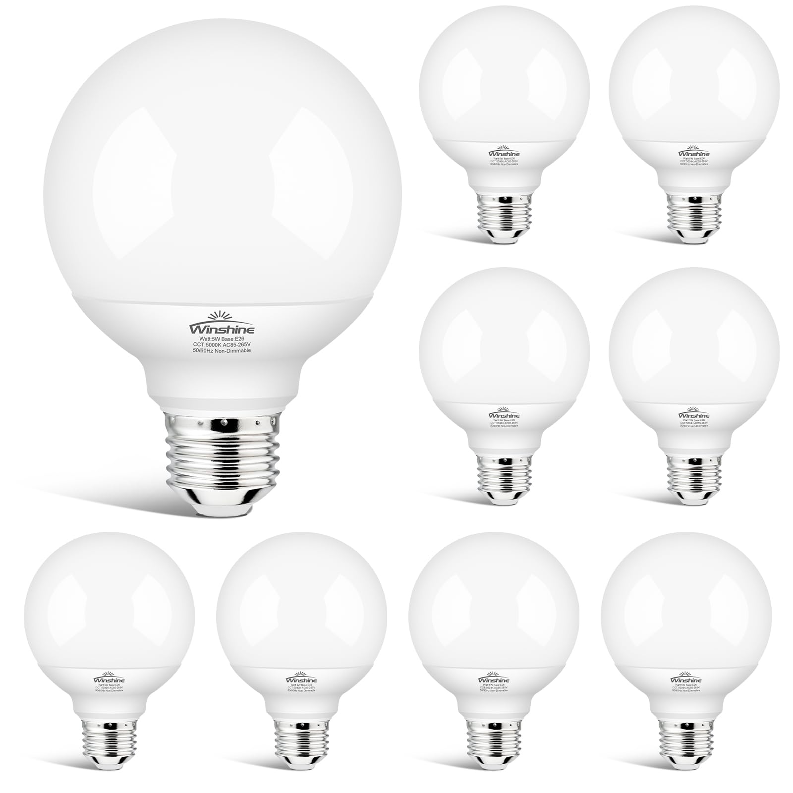 Winshine G25 LED Globe Light Bulbs 8 Pack - 5000K Daylight, 5W (60W Equivalent), 500LM, E26 Medium Screw Base - Perfect for Bathroom Vanity, Makeup Mirror & Bedroom Lighting (Non-Dimmable)