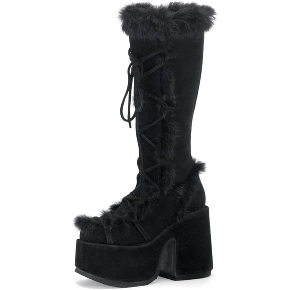 CELNEPHO Women's Knee High Boots with Side Zipper - Warm Faux Fur Lined Platform Chunky Heel Punk Goth Boots for Winter Snow Walking | Perfect for Cold Weather, Outdoor Activities & Fashion Streetwear