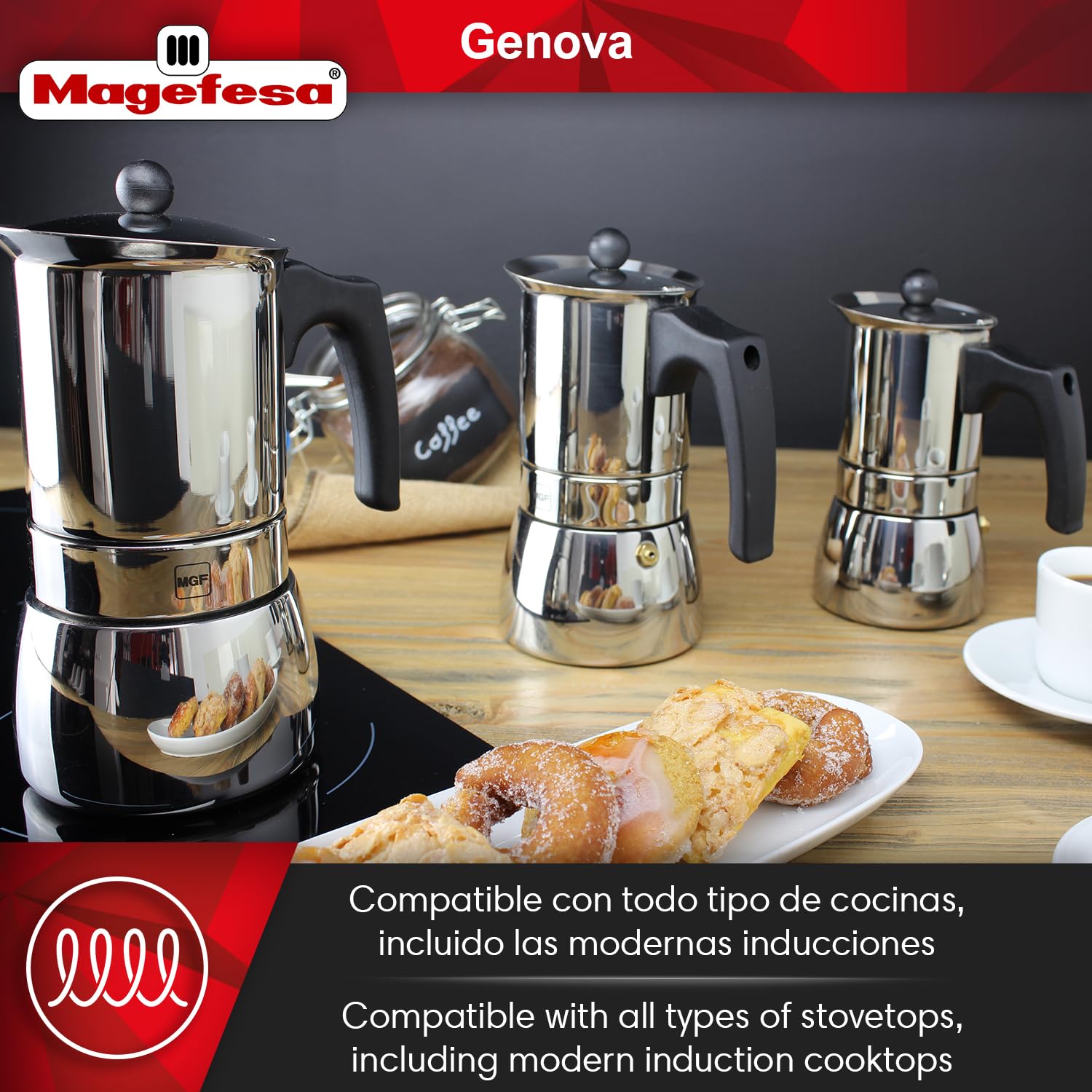 MAGEFESA Genova Stovetop Espresso Maker - 4 Cup (6.5 oz) Italian Moka Pot - 18/10 Stainless Steel Induction Compatible Coffee Maker - Perfect for Home, Office & Camping Use
