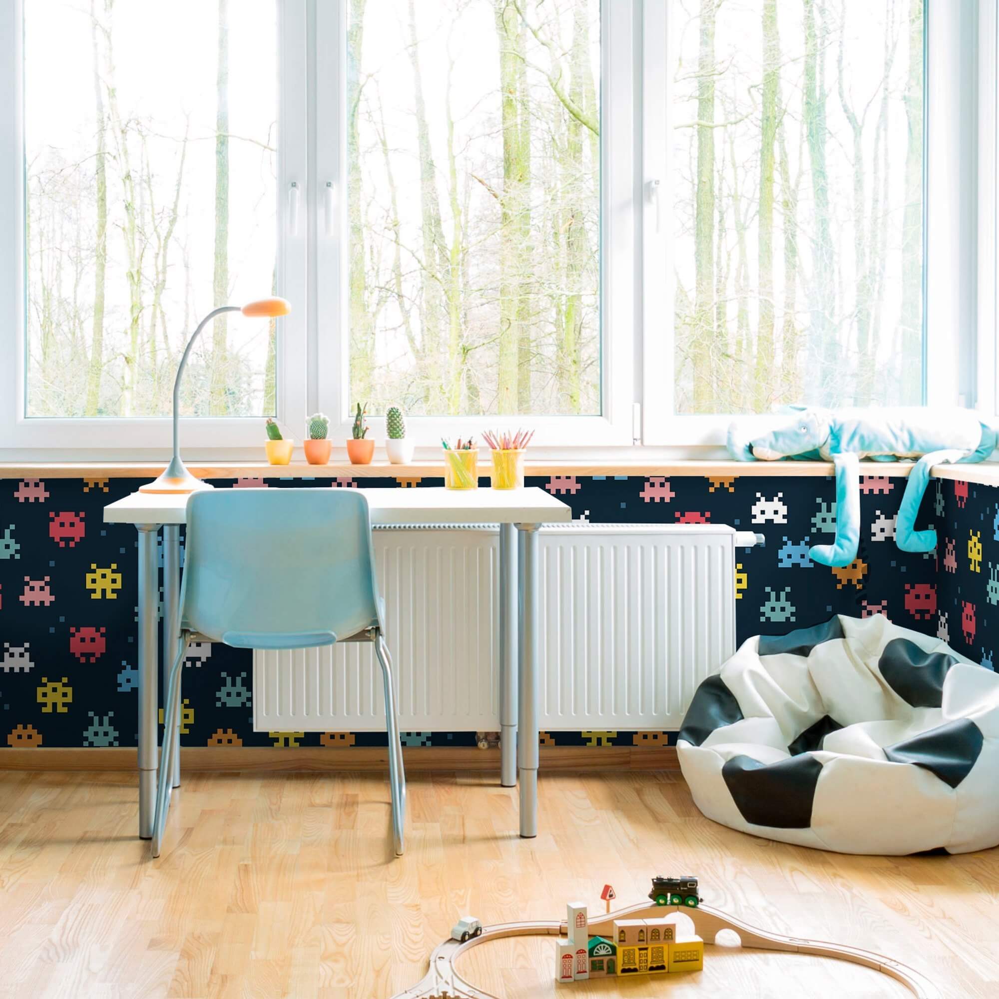 Blue and Yellow Space Themed Peel and Stick Removable Wallpaper for Kids Room Decor - Easy DIY Nursery, Playroom, or Bedroom Wall Covering