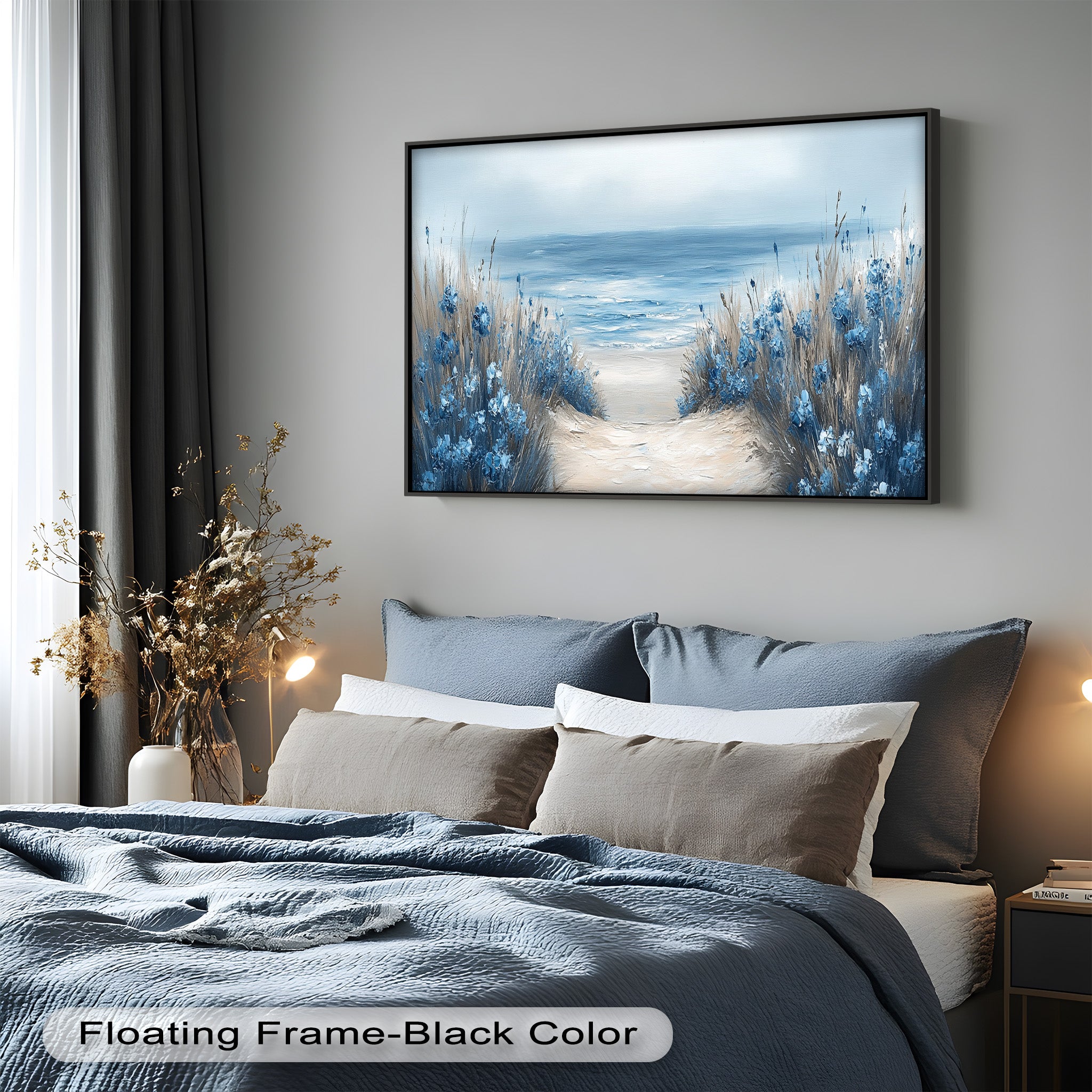 Blue Floral Beach Landscape Realism Oil Painting - Handmade Canvas Wall Art for Living Room, Bedroom & Office Decor