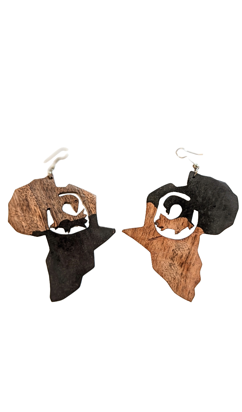 Handmade Two-Tone Wooden Africa Map Earrings with Sankofa Bird - Unique African Jewelry for Women - Perfect for Cultural Events, Weddings & Everyday Wear