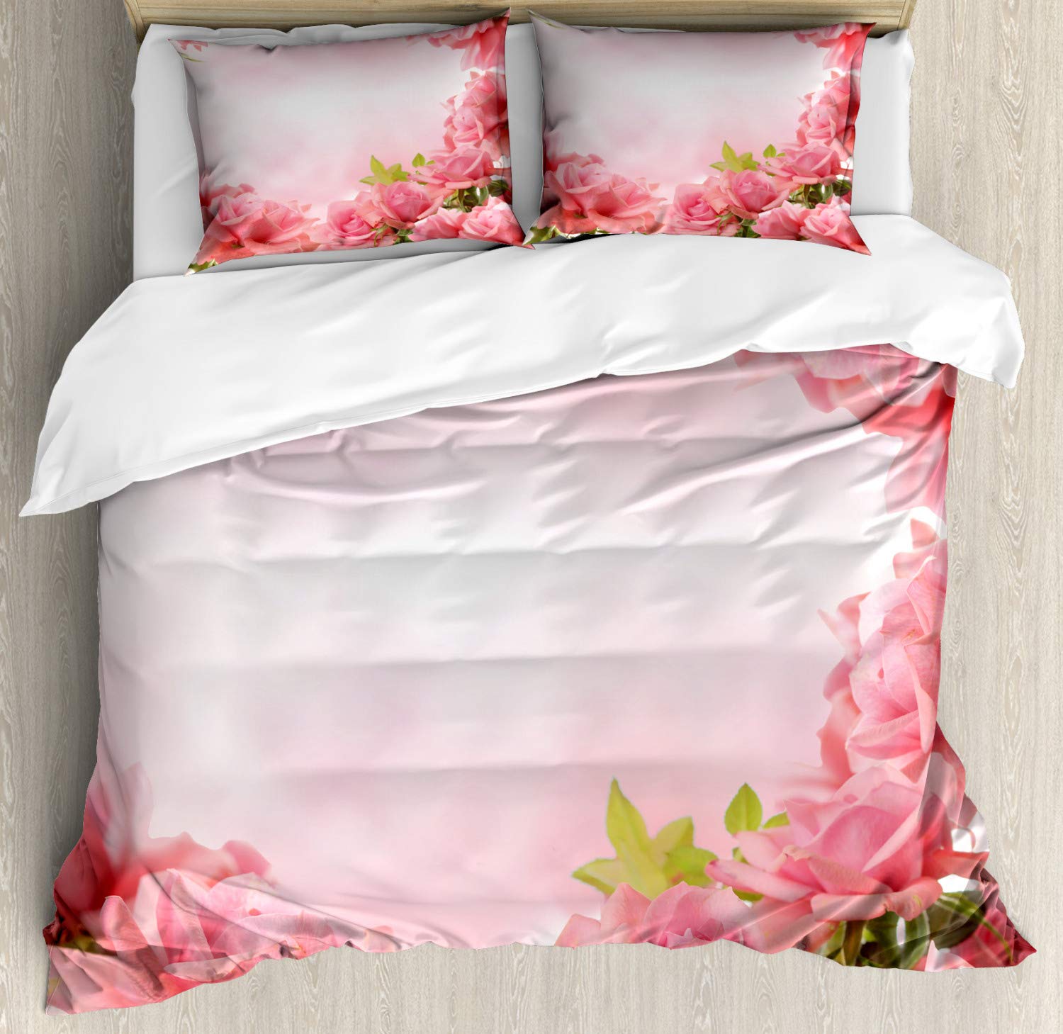 Ambesonne Valentine Duvet Cover Set - Romantic Rose & Leaf Design Bridal Wedding Bedding, 3-Piece King Size Set with 2 Pillow Shams in Pink Coral Green | Perfect for Master Bedroom, Guest Room & Valentine's Day Decor