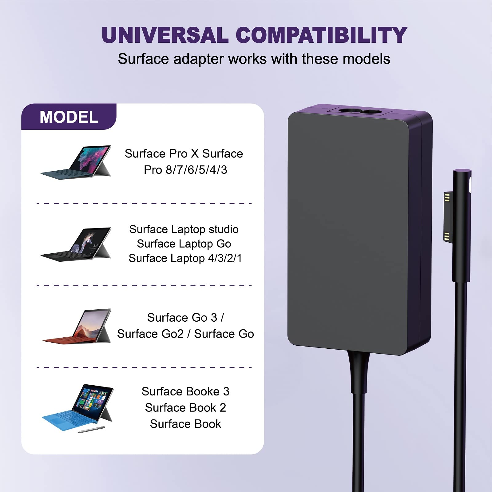 Original Microsoft Surface Pro Charger 65W - Compatible with Surface Pro X/8/7/6/5/4/3, Surface Go 3/2/1, Surface Laptop 3/2/1, Surface Book 2/1 - Fast Charging Power Adapter with Power Cord - Perfect for Home, Office & Travel Use