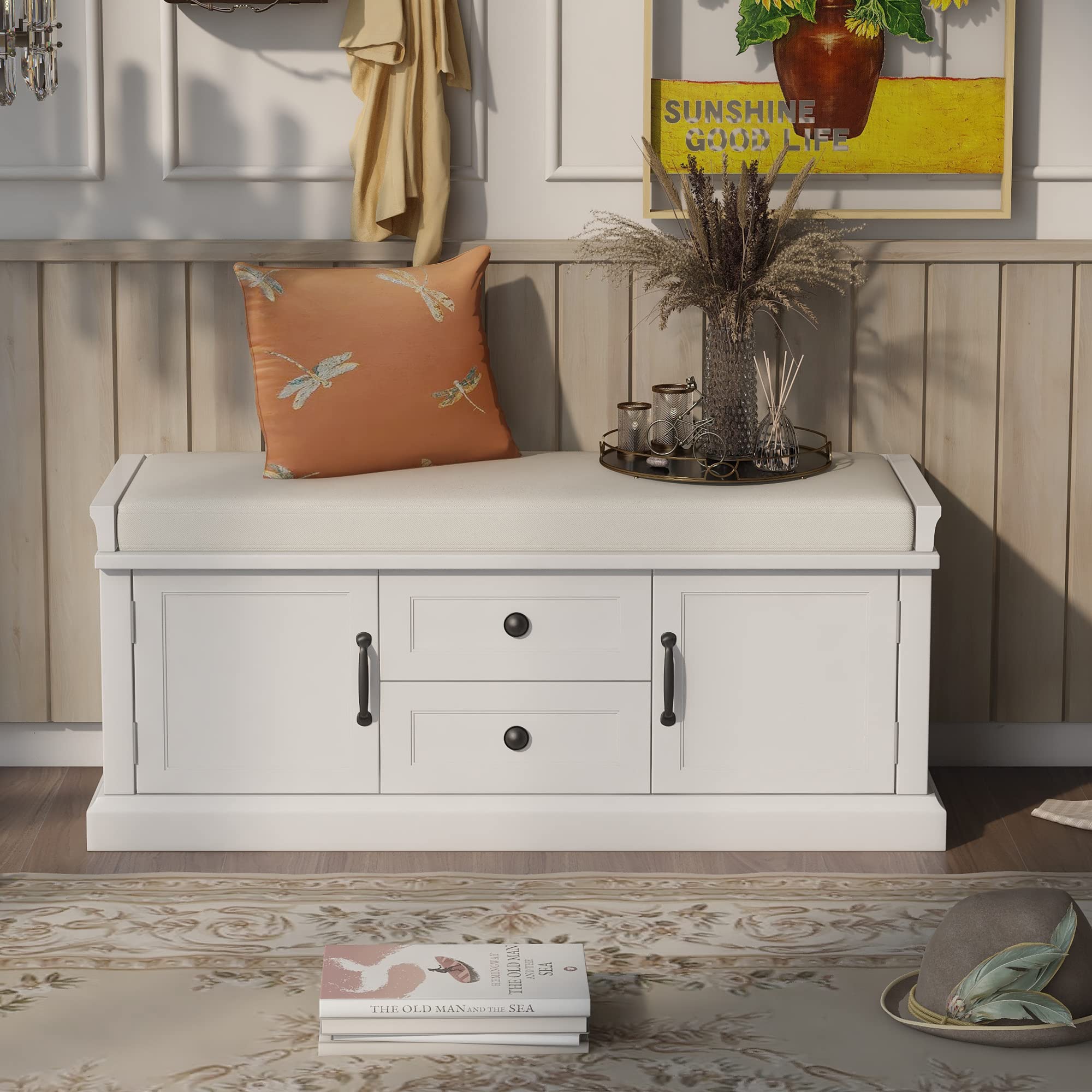 Rustic Wood Storage Bench with 2 Cabinets & 2 Drawers - Entryway Shoe Bench with Removable Cushion for Bedroom, Hallway, Living Room | Easy Assembly Required | Perfect for Small Spaces & Home Organization