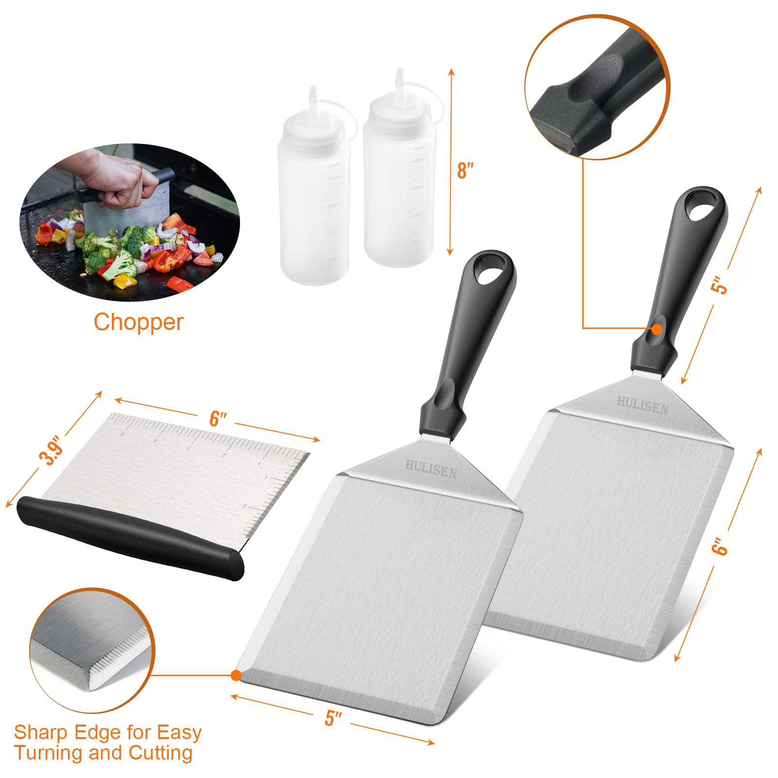HULISEN 5-Piece Griddle Accessories Kit - Stainless Steel Spatula with Cutting Edges (6x5 Inch), 2 Squeeze Bottles, Chopper & Scraper - Essential Flat Top Grill Tools for Indoor/Outdoor Cooking - Perfect for Burgers, Pancakes & BBQ Parties