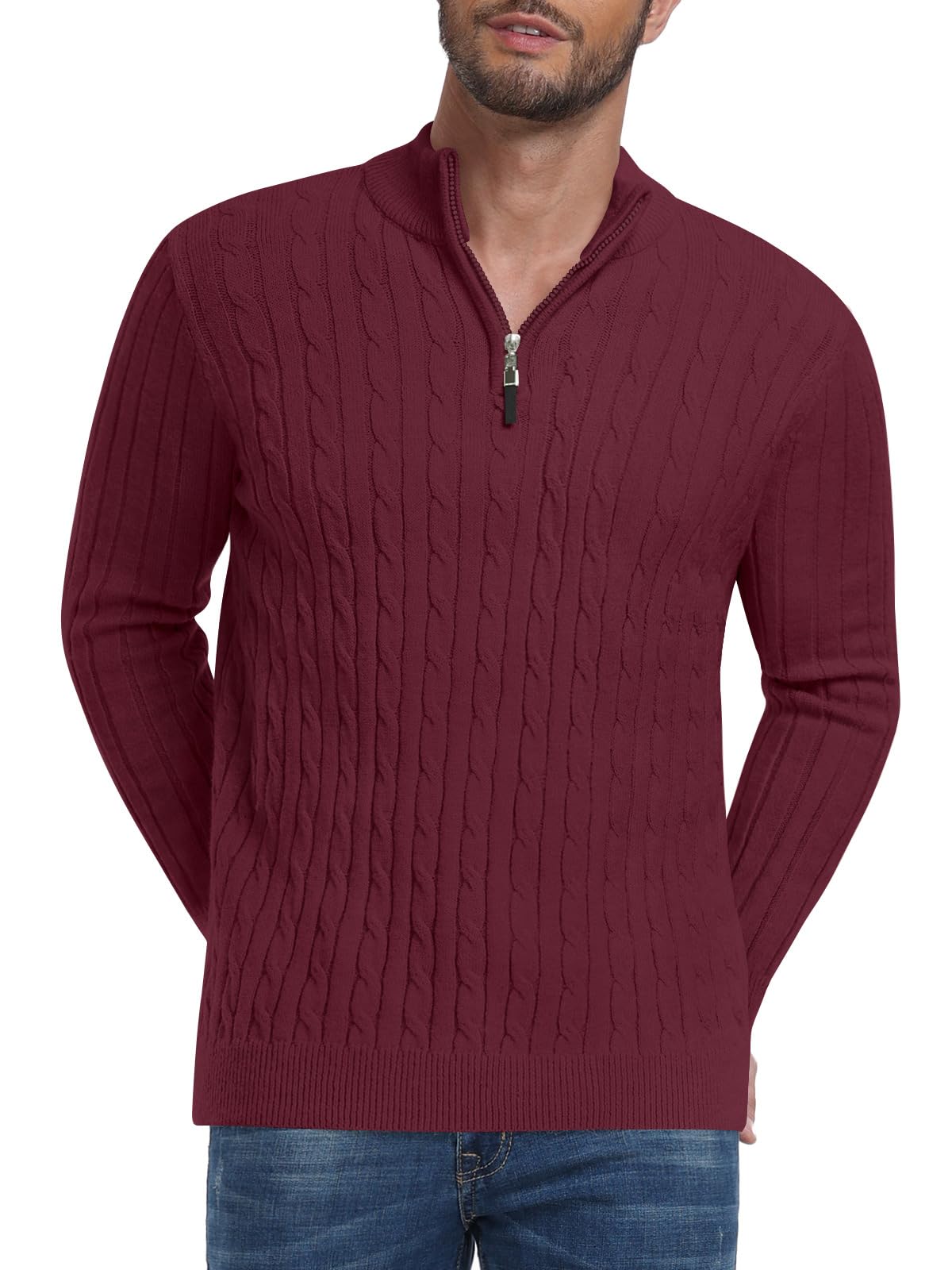 Men's Slim Fit Quarter Zip Sweater - Thick Mock Neck Pullover Casual Polo Sweater for Work, Office & Outdoor Activities