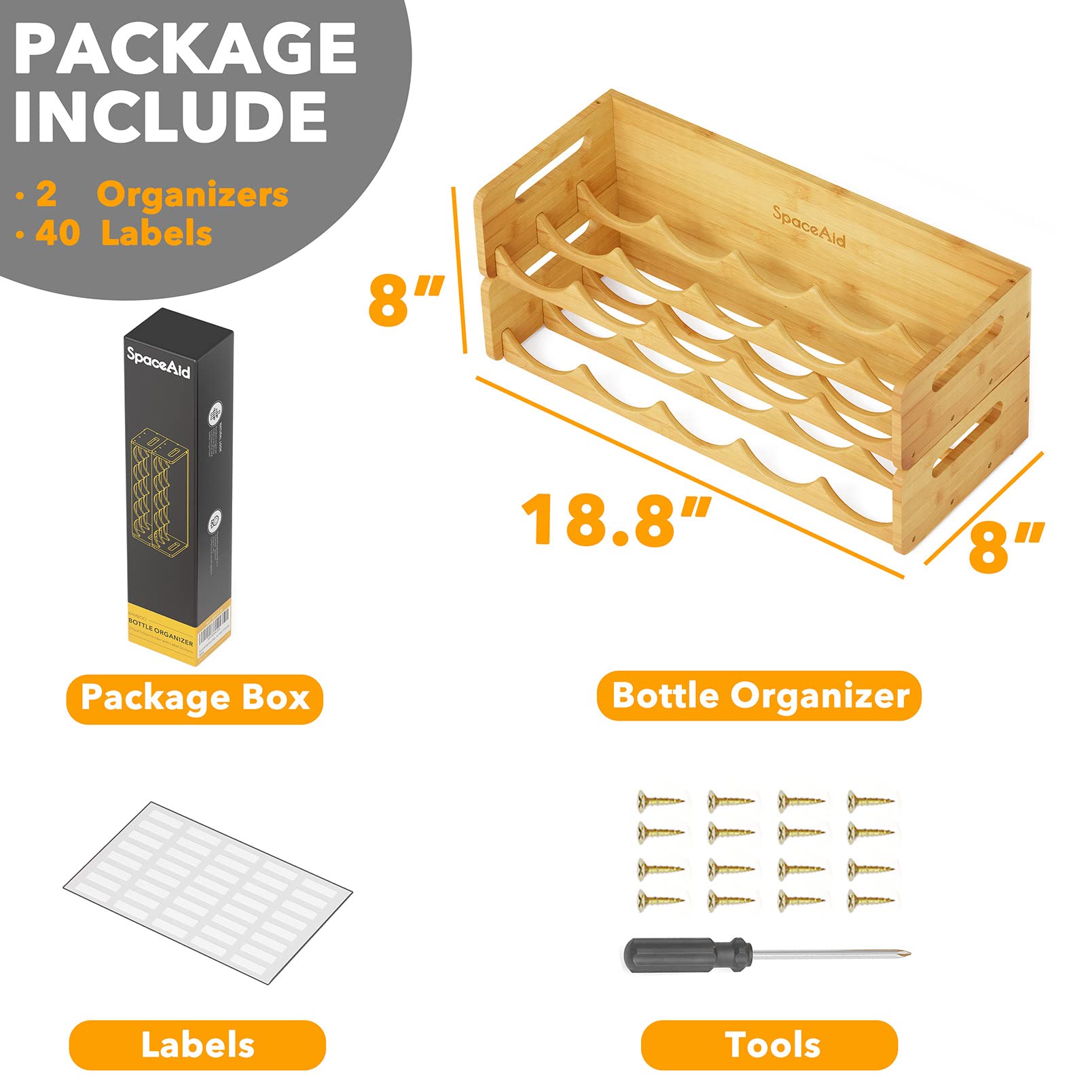 SpaceAid 2-Pack Bamboo Water Bottle Organizer with Labels - 5-Slot Kitchen Pantry Storage Rack for Cabinets, Home Cup & Wine Bottle Holder Shelf - Holds 10 Bottles - Perfect for Kitchen, Pantry, Office & RV Organization