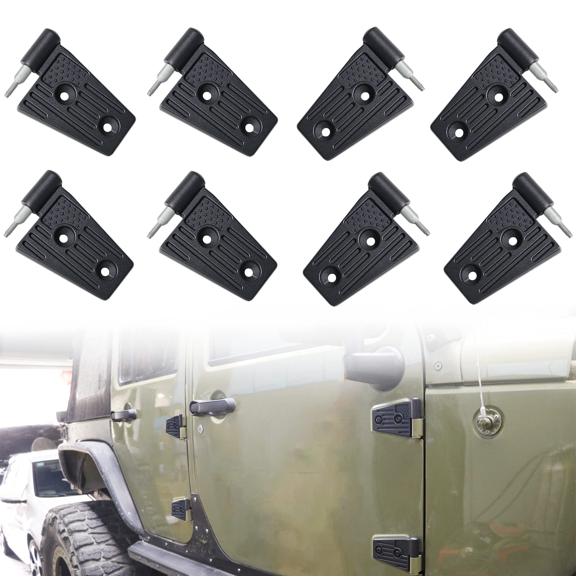 **Jeep Wrangler JK JKU Door Hinges (2007-2018) - OEM Replacement Hinge Sleeve Kit - 8-Piece Black Aluminum for Rubicon, Sahara, Sport - Perfect for Off-Roading & Daily Driving**