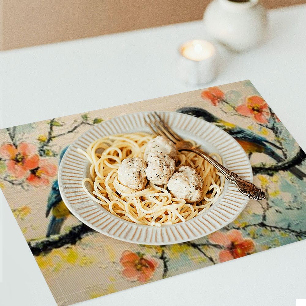 Lemon Tree Farmhouse Placemats Set - Waterproof Washable Kitchen Table Mats with Rustic Bird & Flower Design (18x12 Inch) for Dining Room Decor, Party, and Outdoor Picnic Use