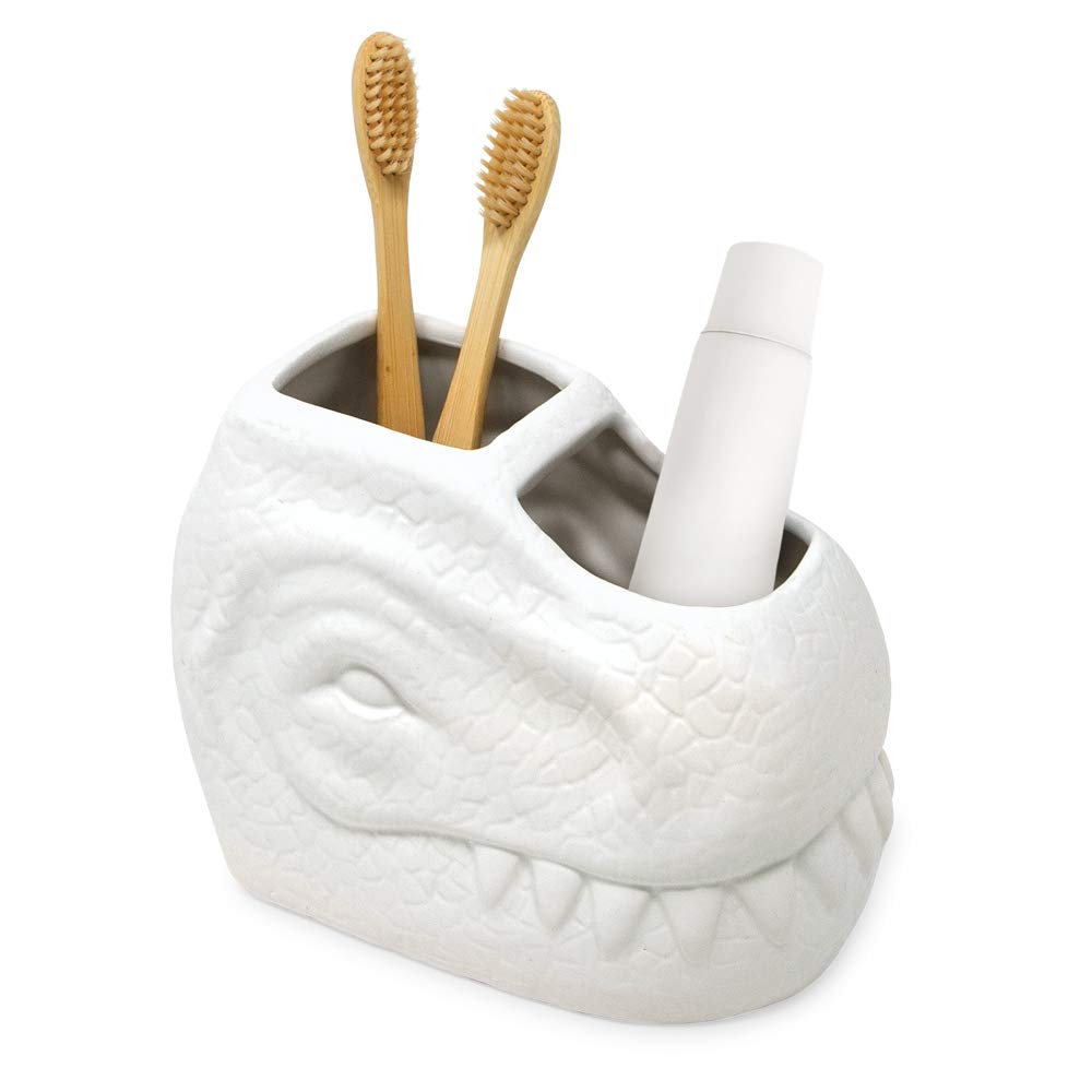 Isaac Jacobs White Ceramic Dinosaur Toothbrush Holder - 2 Compartment Bathroom Organizer for Toothbrushes, Makeup Brushes & Utensils | Stylish Storage for Bathroom Counter, Kitchen, Office Desk & Craft Room | Dinosaur-Themed Home Decor Accessory (White)