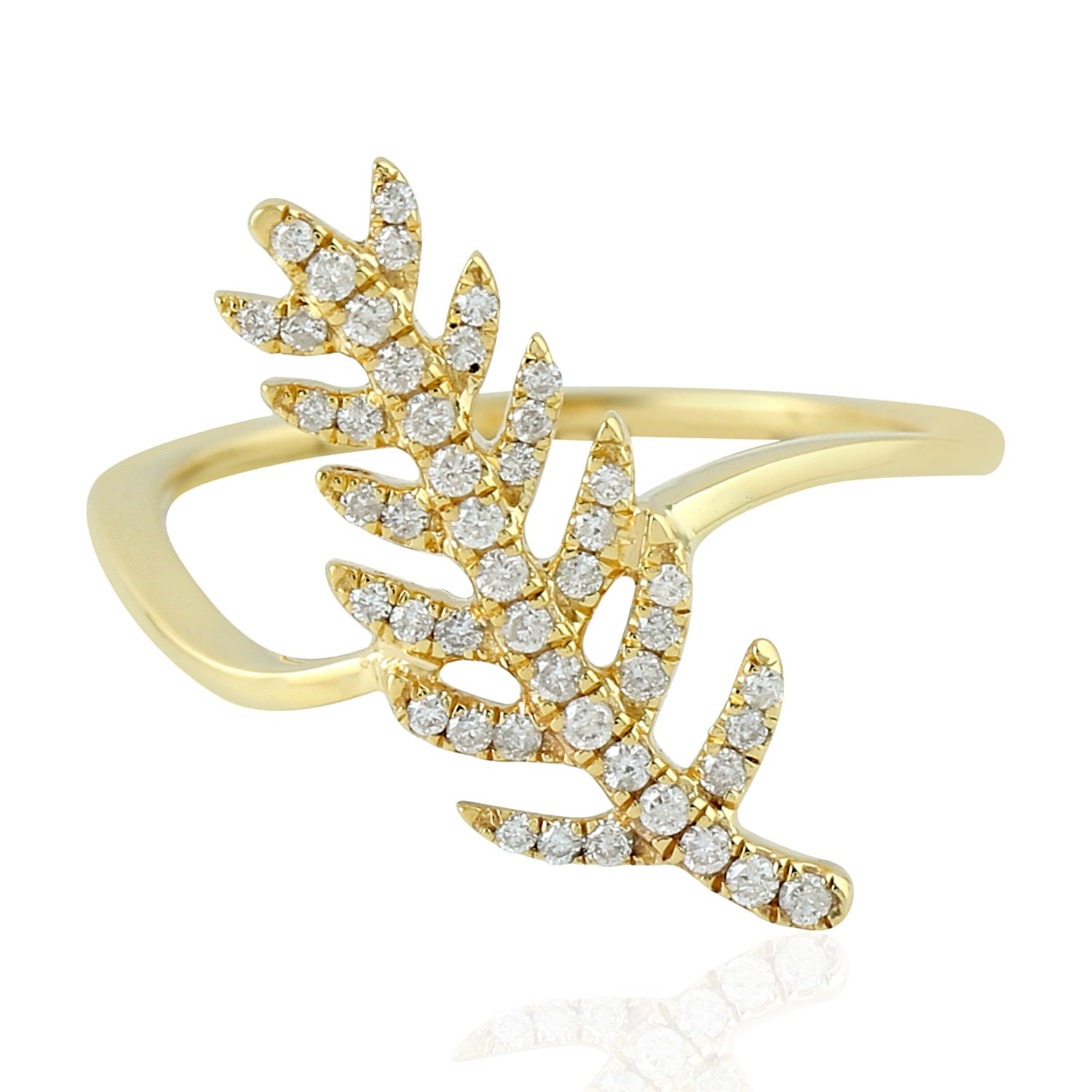 14K Solid Yellow Gold Micro Pave Diamond Leaf Ring for Women - Elegant Nature-Inspired Jewelry for Weddings, Anniversaries & Special Occasions