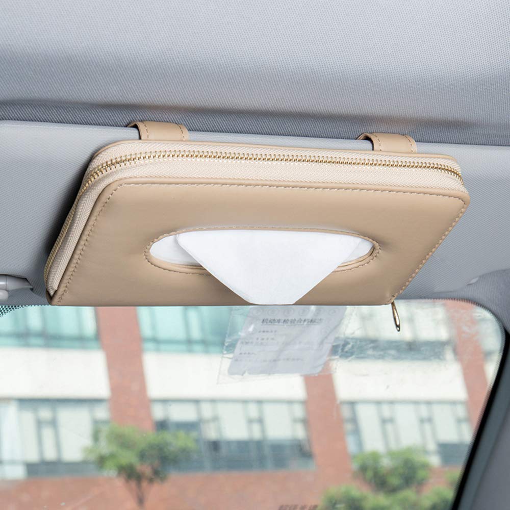 Premium Leather Car Visor Tissue Holder with Zipper - Sun Visor Napkin Organizer for Backseat, Beige Car Accessories | Perfect for Road Trips, Daily Commute & Family Travel
