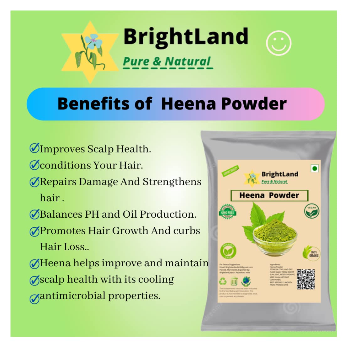 Brightland 100% Natural Black Hair Dye - Henna & Indigo Powder (200g) | Chemical-Free Hair Coloring for Dark Shade | Perfect for At-Home Hair Treatment & Gray Coverage