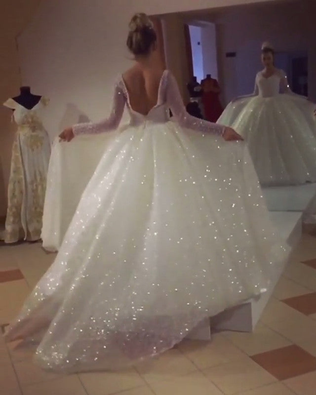 Elegant Long Sleeve Wedding Dress with Sequins & Pearl Beading - A-Line Ball Gown for Brides, Prom, Quinceañera & Formal Events