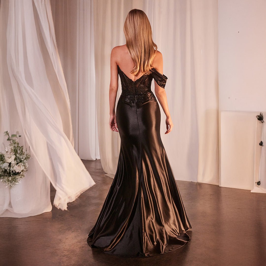 Ladivine by Cinderella Divine Black One Shoulder Satin Prom Dress for Homecoming, Evening Gala & Special Occasions