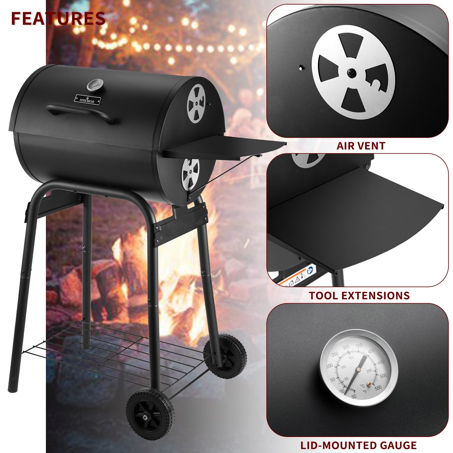 Premium Black Charcoal Grill for Outdoor BBQ - 500 Sq.In Cooking Grid with Side Table | Perfect for Backyard, Camping, Picnics, Patio Parties & Tailgating | Durable Barrel Design by DNKMOR