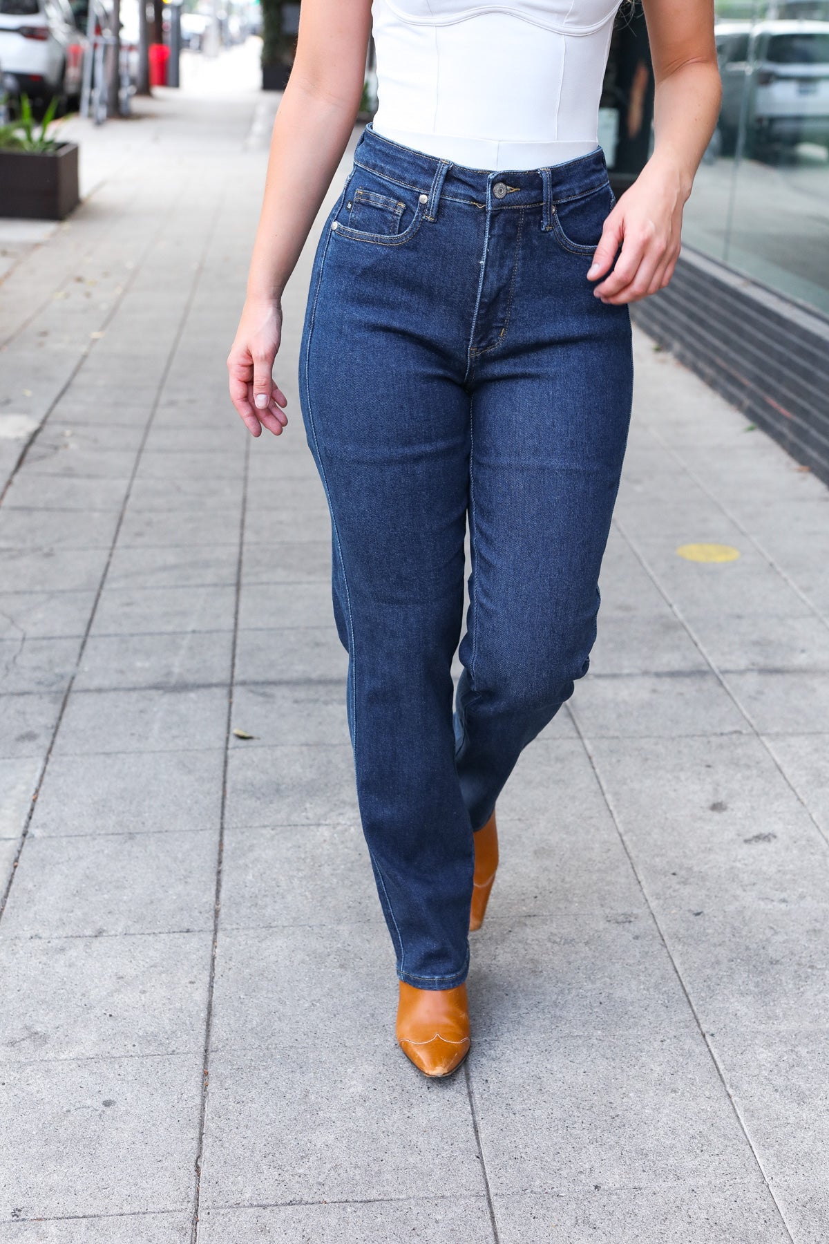 Judy Blue Dark Wash High Waisted Straight Fit Jeans for Women - Comfortable Stretch Denim Pants for Casual Wear & Everyday Outfits