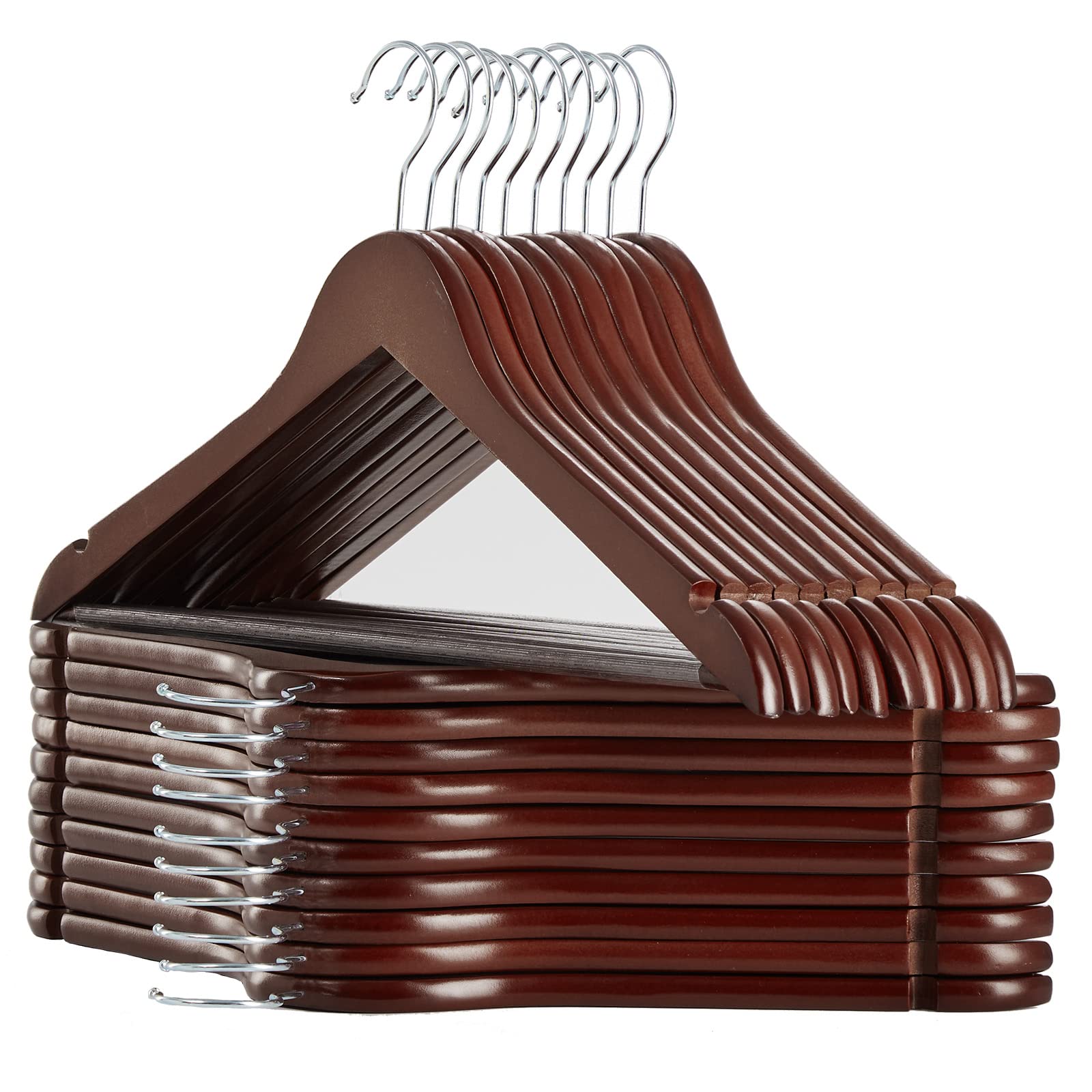 Premium 20-Pack Solid Natural Wooden Coat Hangers - Heavy Duty Smooth Finish Suit Hangers with Non-Slip Pant Bar, Precision Cut Notches & Chrome Swivel Hook - Ideal for Closet, Wardrobe & Luxury Garment Storage