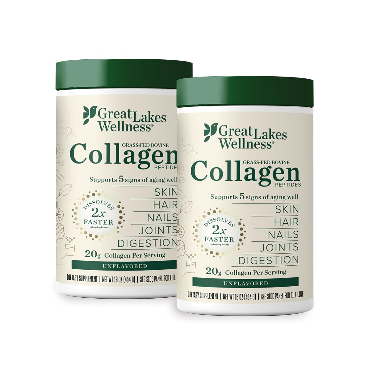 Great Lakes Wellness Hydrolyzed Collagen Peptides Powder - Unflavored, Non-GMO, Keto & Kosher Certified - Supports Skin, Hair, Nails, Joints & Digestion - Quick Dissolve Formula - 16oz (2 Pack) - Perfect for Smoothies, Coffee & Baking Recipes