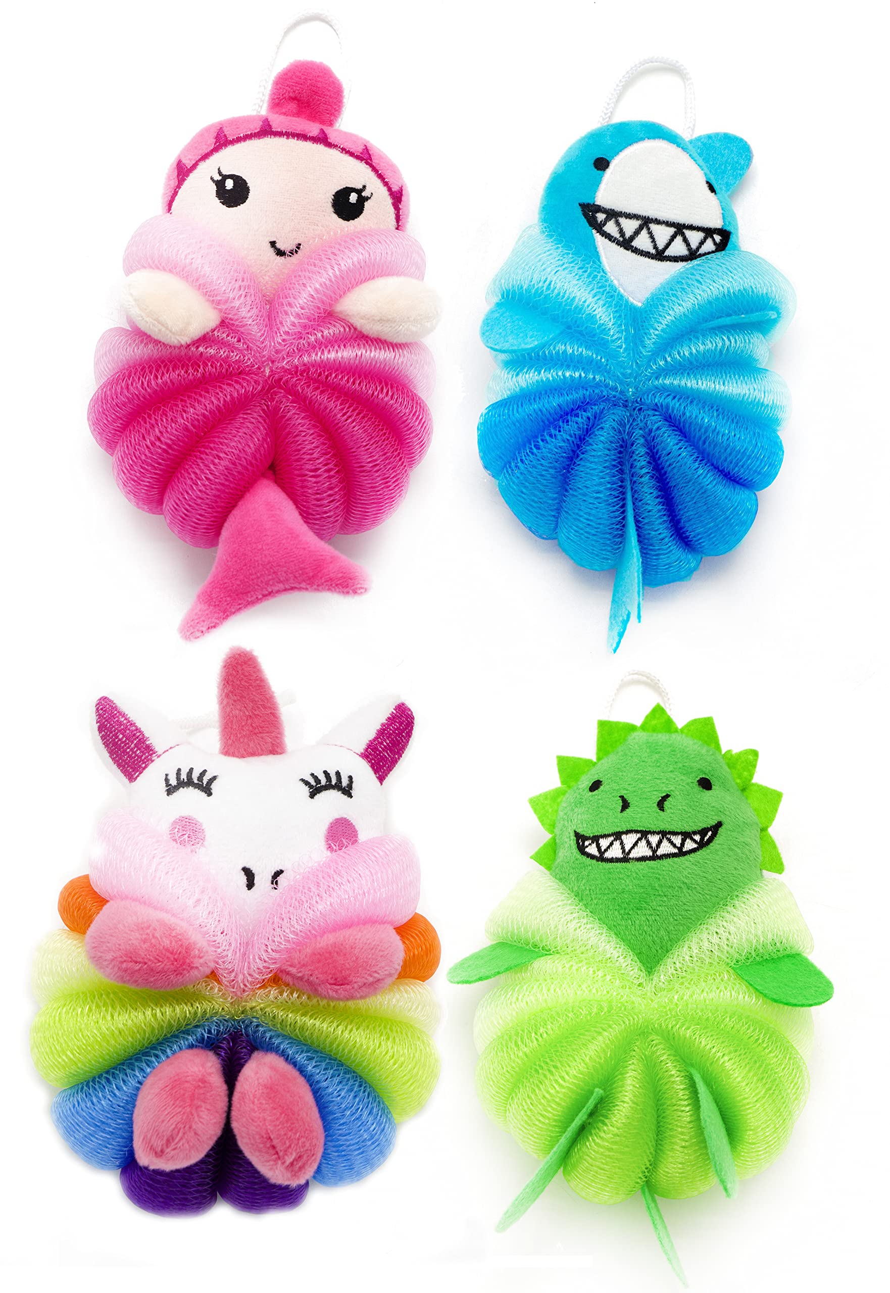 MURRI&MURRDI 4 Pack Kids Bath Loofah Sponge - Cute Animal Shower Pouf, Soft Mesh Body Scrubber for Toddlers & Children, Gentle Exfoliating Bath Sponge (55g, 4 Cartoon Designs) - Perfect for Fun Bath Time, Baby Shower Gifts & Kids Hygiene Routine