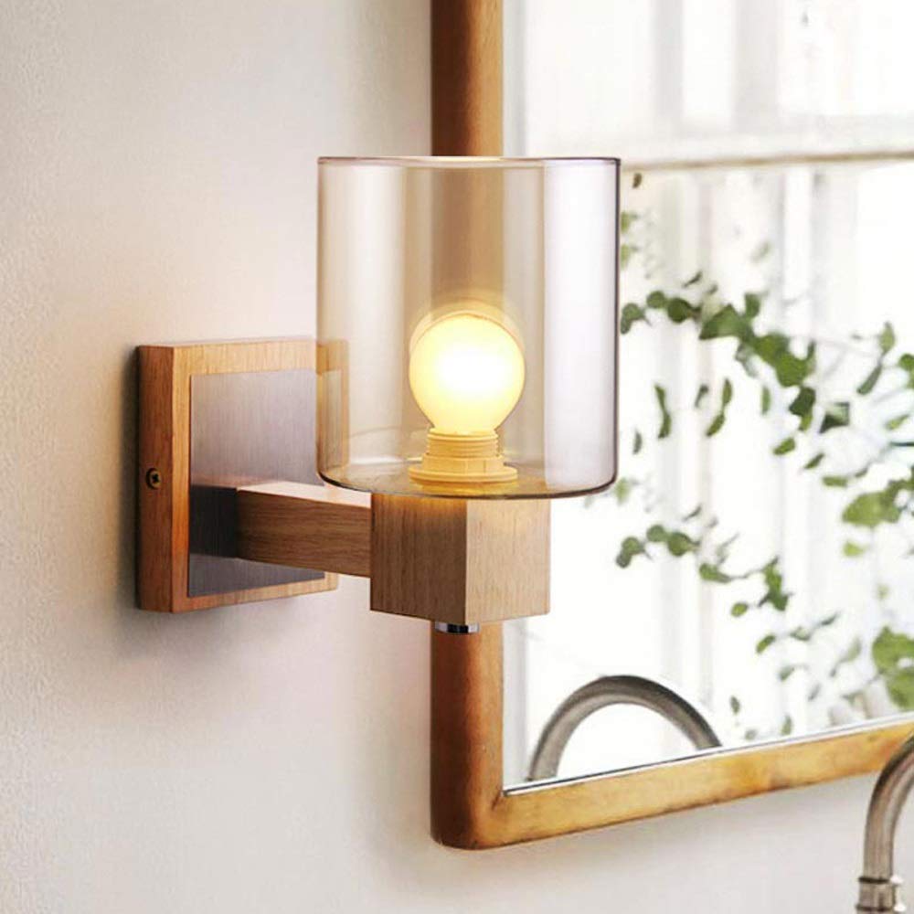 PEHUB Simple Glass Solid Wood Wall Lamp - Creative Rustic Bedside Lighting Fixture with E27 Socket for Living Room, Bedroom, Hallway - Perfect for Cozy Ambiance & Night Reading