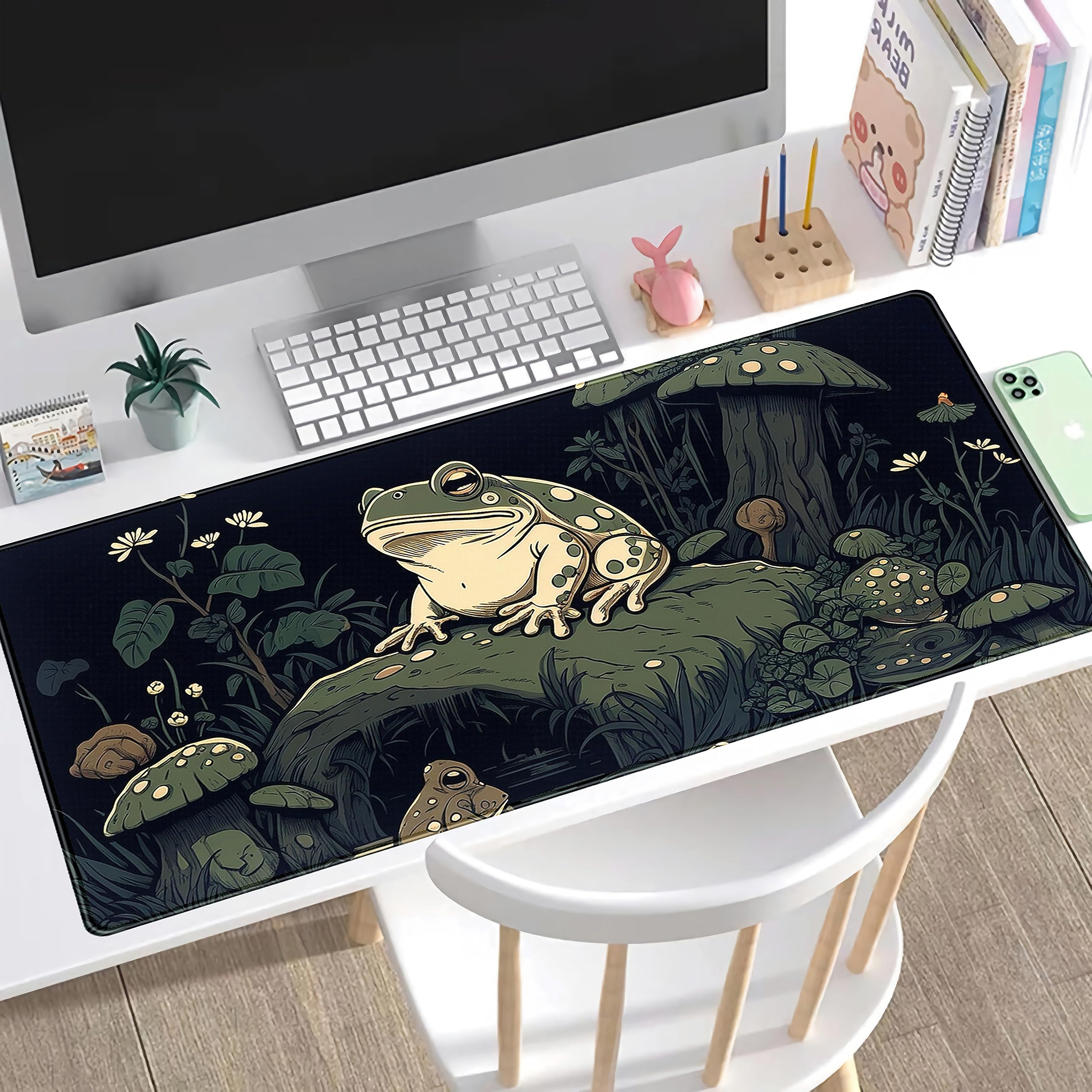 Kawaii Mushroom Cute Frog Anime Gaming Mouse Pad - Dark Green Forest Design XXL (31.5x15.75 in) Non-Slip Rubber Base with Stitched Edges - Large Extended Laptop Keyboard Mouse Mat Desk Pad for Gaming, Office & Home Workspace