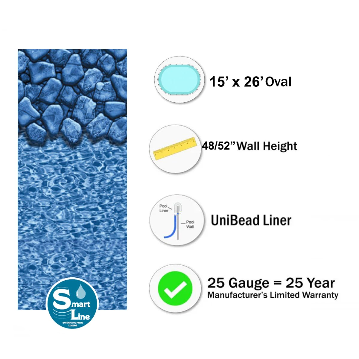 Smartline 15ft x 26ft Oval Above Ground Pool Liner - Boulder Swirl Pattern | 25 Gauge Heavy Duty Virgin Vinyl | Overlap Style for Steel Sided Pools (48-52 Inch Wall Height) | Perfect for Backyard Swimming, Family Fun & Summer Relaxation