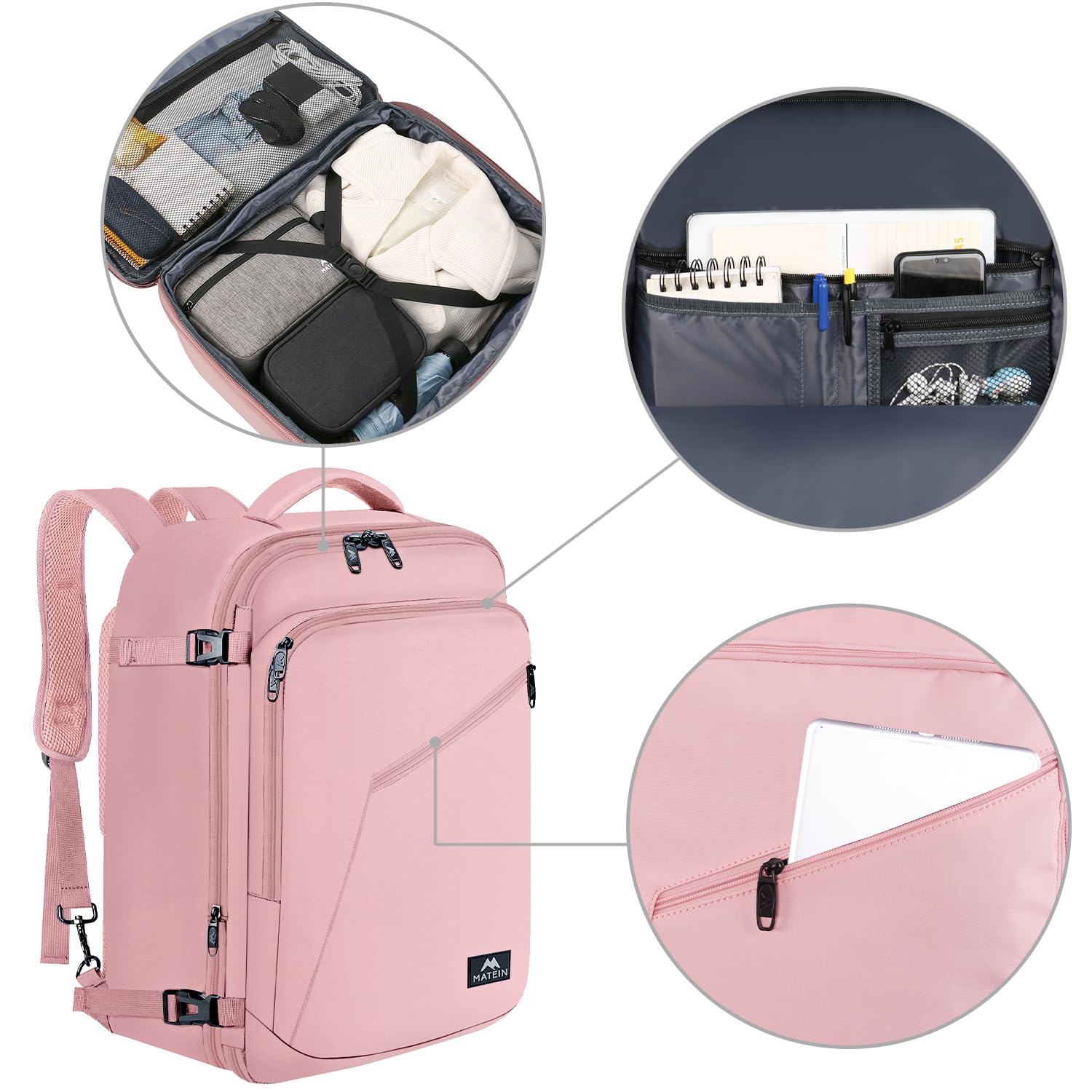 Matein Pink Travel Backpack for Women - Large Airline Approved Expandable Carry On Backpack (35L) | Convertible Weekender Bag for Hiking, Gym & Sports | Perfect Gift for Travelers | Ideal for Air Travel, Outdoor Adventures & Daily Commute
