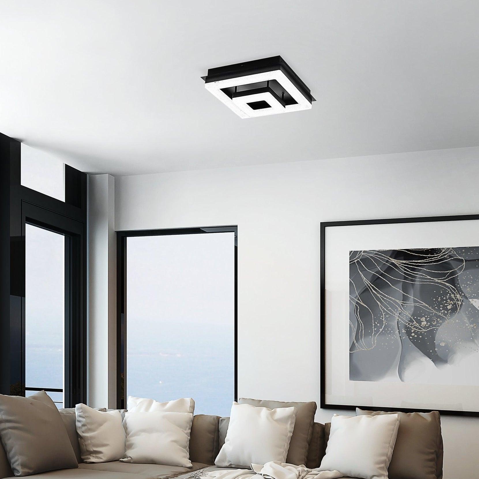 Eglo Fradelo 26cm Square Black & Clear Glass Crystal LED Flush Mount Ceiling Light - Modern Lighting for Bedroom, Kitchen, Hallway & Living Room