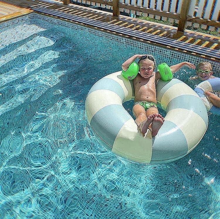 35 Inch Large Inflatable Swim Ring with Handles for Kids & Adults - Classic Striped Pool Float Tube for Summer, Beach & Pool Parties - Blue (Perfect for Relaxing, Swimming & Water Games)