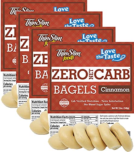 ThinSlim Foods Keto Bagels - Low Carb Cinnamon Bread Alternative, 4 Pack (6 Zero Net Carb Bagels) | Perfect for Ketogenic Diet, Diabetes-Friendly Breakfast & Healthy Snacking