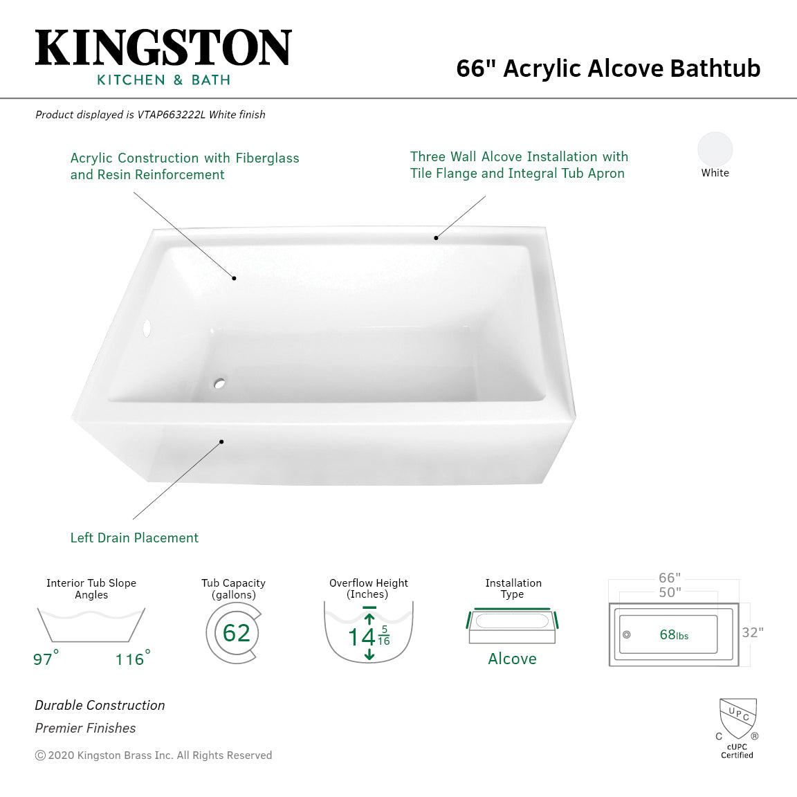 Aqua Eden VTAP663222L 66-Inch Acrylic Rectangular 3-Wall Alcove Bathtub - Left Hand Drain, Glossy White - Perfect for Modern Bathrooms & Spa-Like Retreats