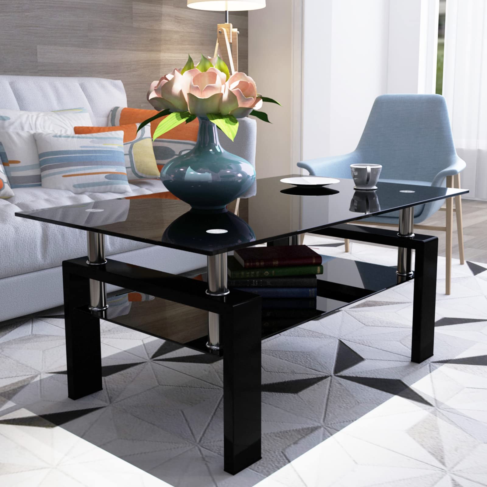 Modern 2-Tier Glass Coffee Table with Storage Shelf - Black Center Table for Living Room | Stylish Living Room Furniture | Perfect for Small Spaces & Entertaining Guests