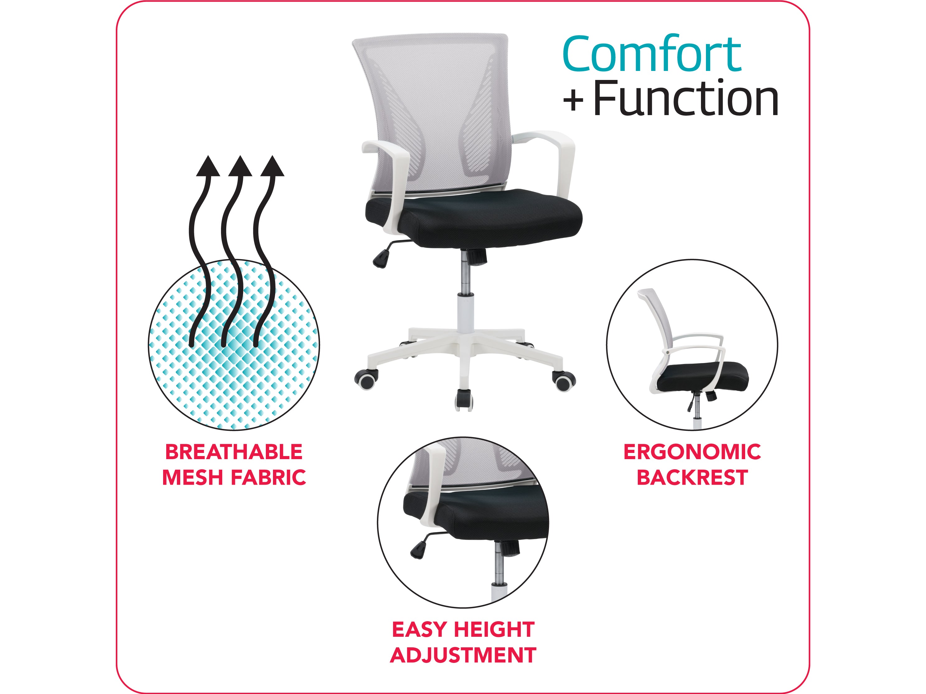 Ergonomic Mesh Office Chair with Grey Fabric & White Frame - Comfortable Adjustable Swivel Task Chair for Home Office, Gaming, and Workspace