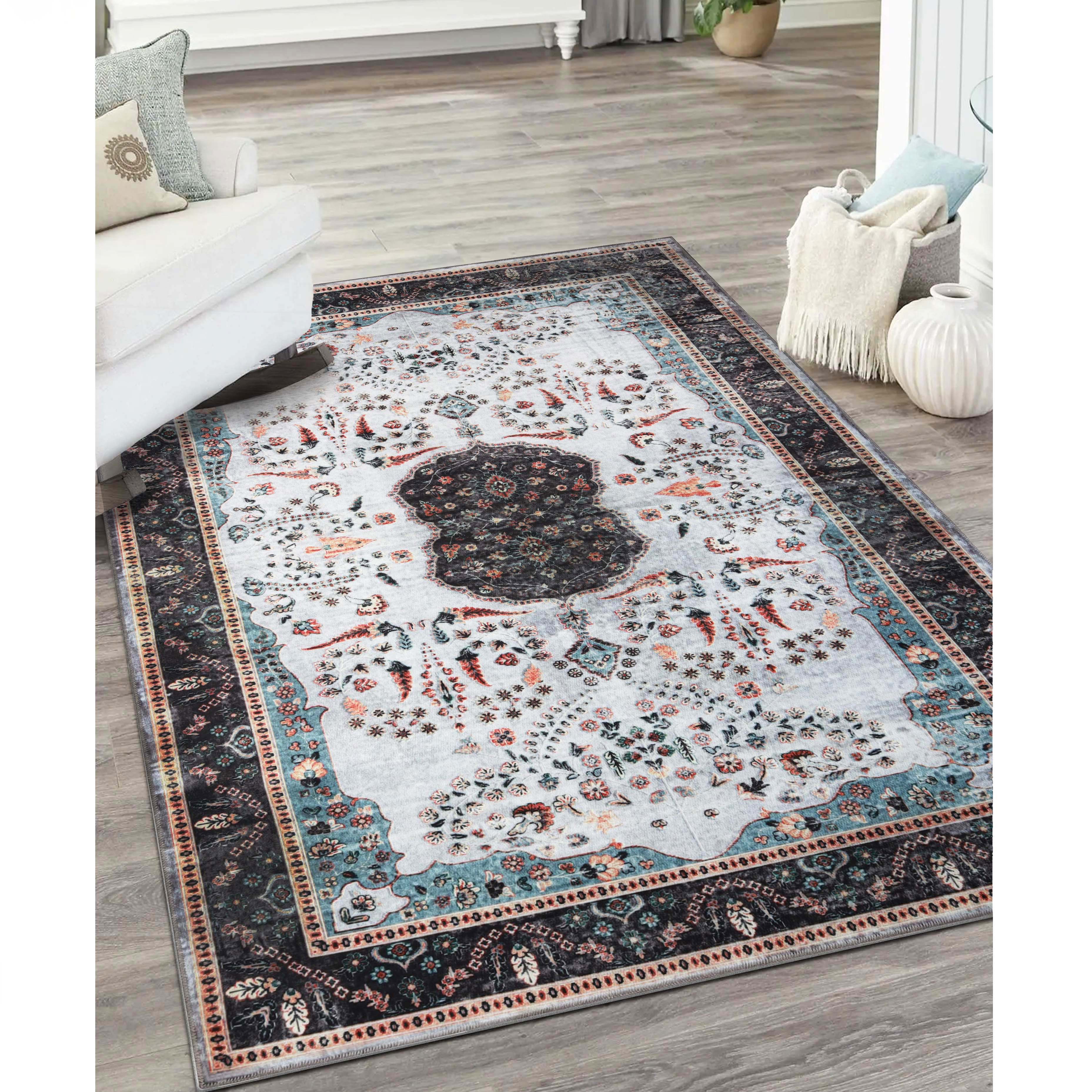 Machine Washable Sparrow Medallion Indoor Area Rug - Non-Slip Soft Living Room Carpet Runner for Bedroom, Hallway & Entryway Decor