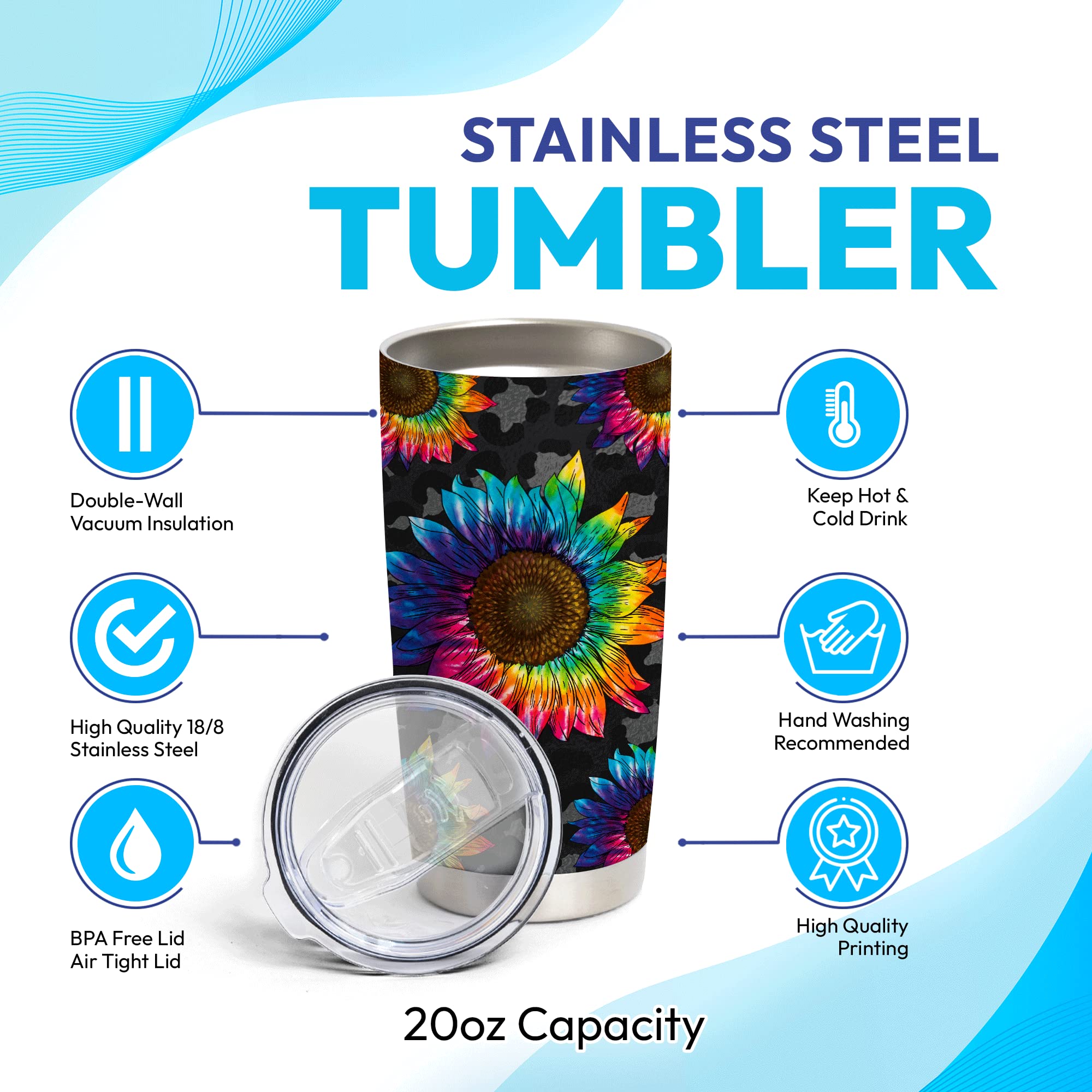 Personalized Sunflower Stainless Steel Tumbler 20oz with Lid - Custom Name Floral Gift for Women - Perfect for Birthday, Christmas, Mother's Day & Office Use - Insulated Cup for Coffee, Tea & Cold Drinks