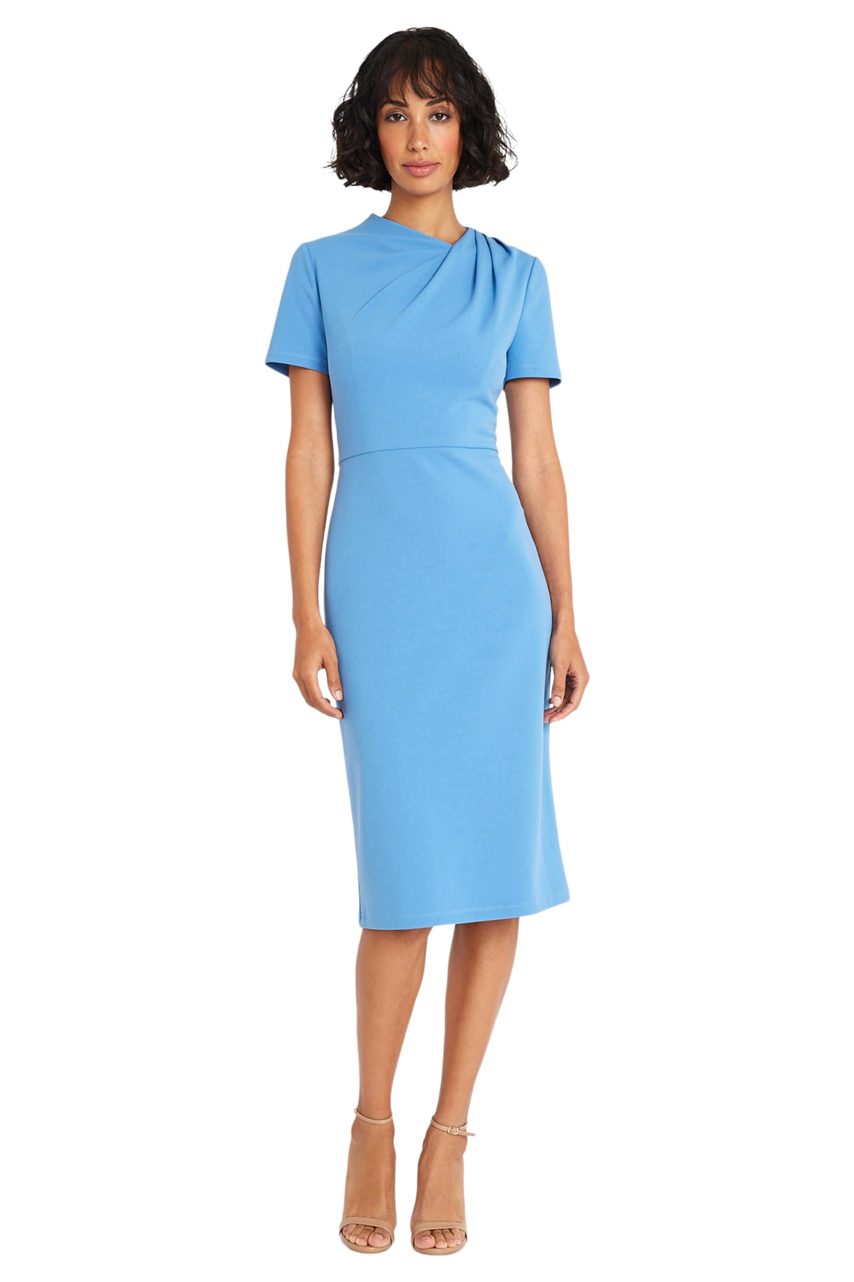 Maggy London Women's Chic Asymmetric Crew Neck Short Sleeve Below The Knee Dress - Perfect for Cocktail Parties, Date Nights & Summer Weddings