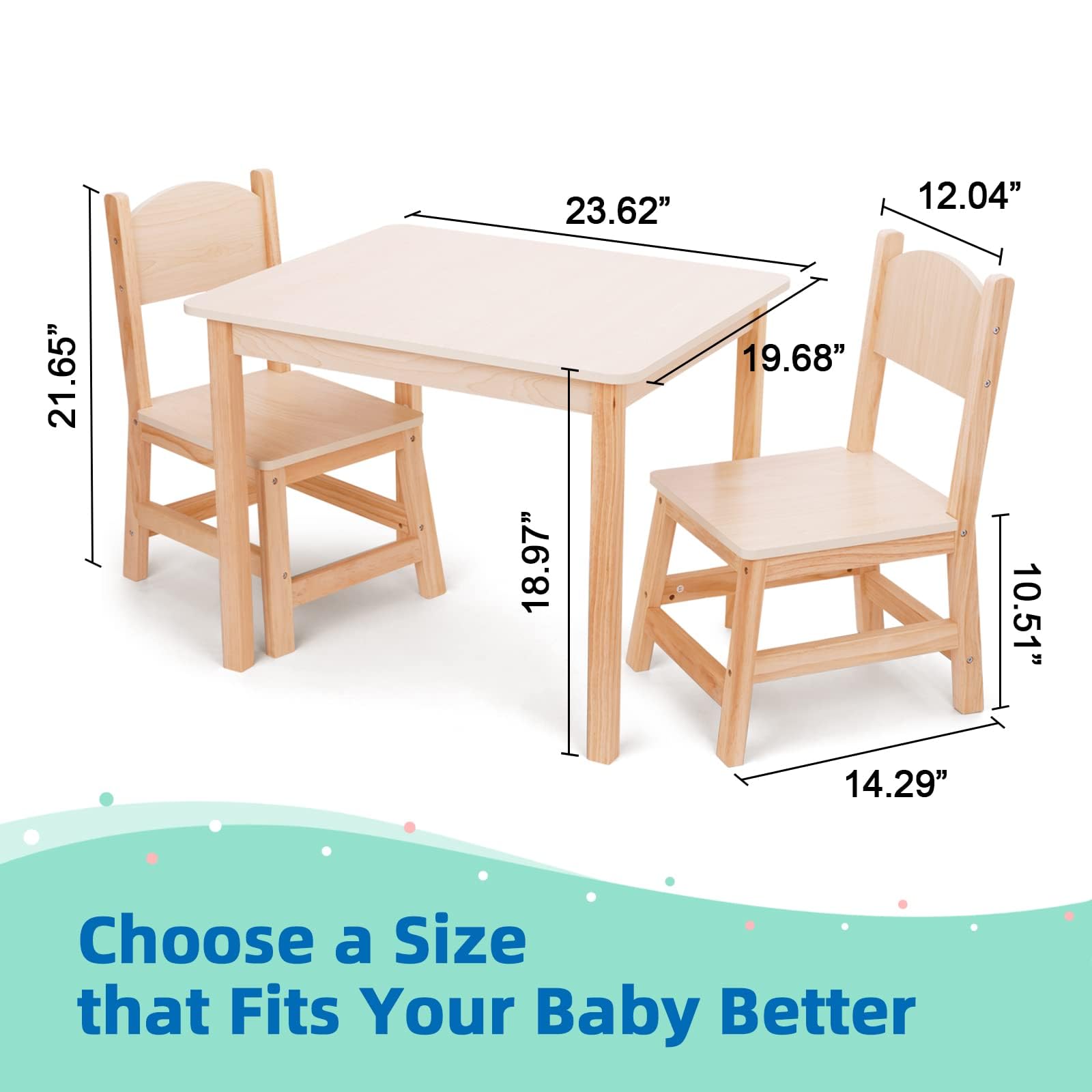 OOOK Wooden Kids Table and 2 Chairs Set - Waterproof Toddler Table with Smooth Edges, Easy to Clean Children's Dining & Activity Furniture for Eating, Snack Time, Arts & Crafts, Playtime and Learning Activities
