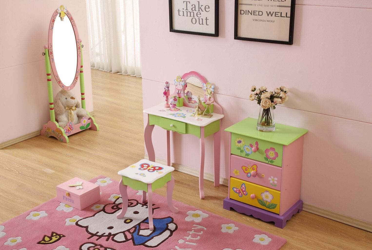 Layla Girls Flower Vanity Set with Stool - Kids Makeup Dressing Table with Mirror & Storage - Perfect for Pretend Play, Birthday Gifts & Bedroom Decor