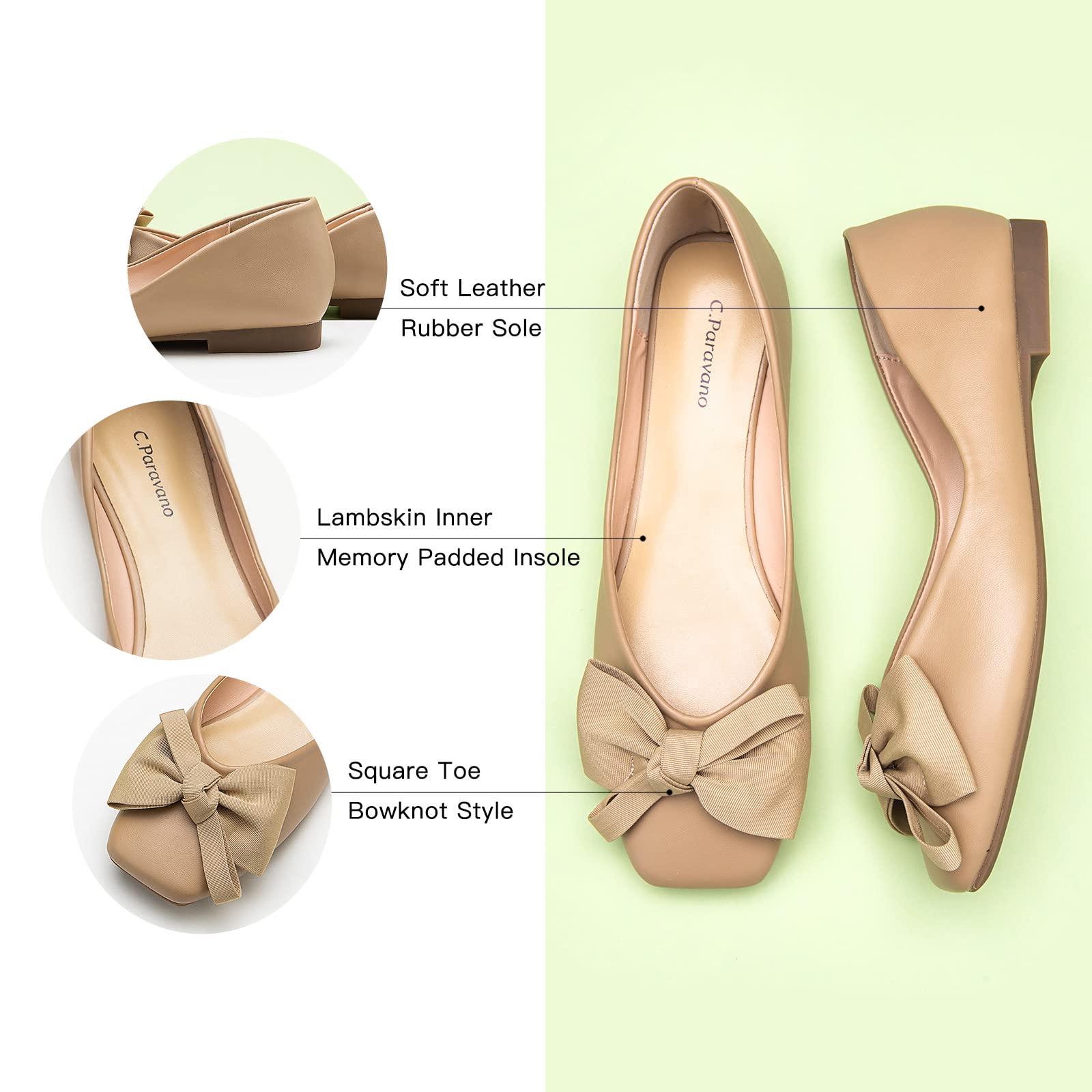 C.Paravano Women's Square Toe Leather Ballet Flats - Slip On Comfortable Shoes for Work, Office & Casual Wear